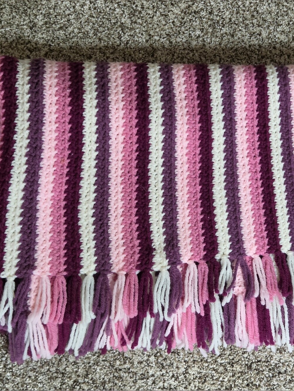 Crochet Blanket Afghan Throw Striped Pink Purple White Fringed 47x50 Vintage